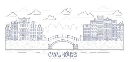 amsterdamse oude stijl huizen. typisch Nederlandse grachtenpanden opgesteld in de buurt van een kanaal in nederland. gebouw en gevels op de brug. vector overzicht illustratie.