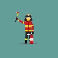 cartoon afbeelding van brandweerman houdt een assen en brandblusser vast vector