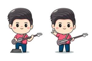 set van schattige bassist jongen kawaii chibi karakterontwerp vector