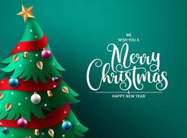 vrolijk kerstfeest groet tekst vector achtergrondontwerp. kerstboom dennenboom element met kleurrijke kerst ornamenten voor vakantie seizoen kaart decoratie op groene achtergrond. vectorillustratie.