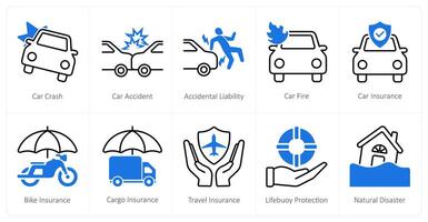 een reeks van 10 verzekering pictogrammen net zo auto contant geld, auto ongeluk, toevallig aansprakelijkheid vector