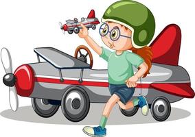 jong meisje speelt met vliegtuigspeelgoed dat voor het vliegtuig staat vector
