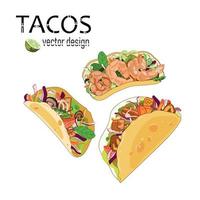 drie taco's, verschillende vullingen in een maïstortilla, met vlees en groenten, garnalen en champignons, getekend in een realistische cartoonschets, op een witte achtergrond. Mexicaans eten taco's, vectorillustratie vector