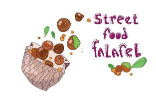 falafel vliegen uit kartonnen doos, met de hand getekend ontwerp, met belettering, straatvoedsel falafel, geïsoleerd op een witte achtergrond. concept van gezond straatvoedsel en afhaalmaaltijden. veganistisch eten. vector