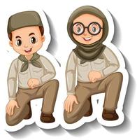 paar moslimkinderen dragen safari-outfit stripfiguursticker vector