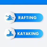 kajakken, raften pictogrammen, banners, labels in blauw vector