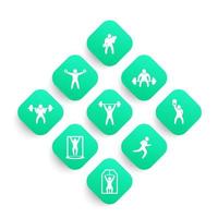 sportschool, fitness oefeningen iconen set, training, training, bodybuilding, gewichtheffen vector