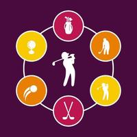 golf ronde pictogrammen, golfclubs, golfspeler, golfer, golftas pictogram, vectorillustratie vector