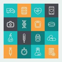 geneeskunde pictogrammen in lijnstijl, farmacie, ambulance, gezondheidszorg, therapie, thermometer, spuit, therapeut, EHBO-kit vector
