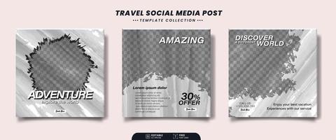 set bewerkbare social media bannerpostsjabloon voor reisverkoop met penseelstreek vector