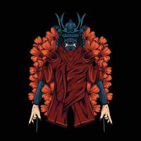 samurai in japanse stijl met oni-masker en bloemillustratie voor t-shirtontwerp en print vector