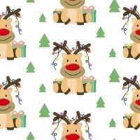 Kerst naadloze patroon met schattige cartoon slaperige herten en bomen op witte achtergrond. vector