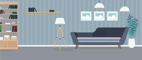 moderne kamer. woonkamer met een bank, kledingkast, lamp, schilderijen. meubilair. interieur. vector. vector