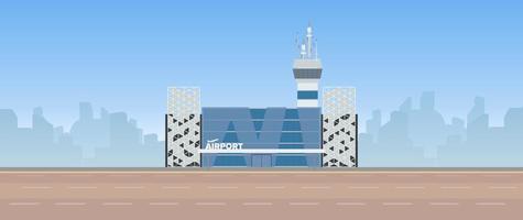 moderne luchthaven. landingsbaan. luchthaven in een vlakke stijl. afgetekend door de stad. vector illustratie