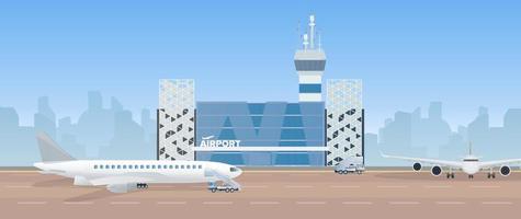 moderne luchthaven. landingsbaan. vliegtuig op de baan. luchthaven in een vlakke stijl. stad silhouet. vector illustratie