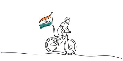 ononderbroken lijn van jongen brengt de vlag van india op de fiets voor de dag van de republiek vector