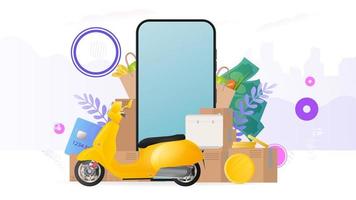 collage over het thema levering. gele scooter met voedselrek, telefoon, gouden munten, kartonnen dozen, papieren zak met boodschappen. het concept van online bestellen en bezorgen van eten en verzending. vector