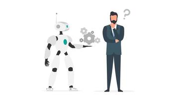de robot biedt een oplossing. zakenman met een vraag. mensen en robots teamwork concept. vector. vector