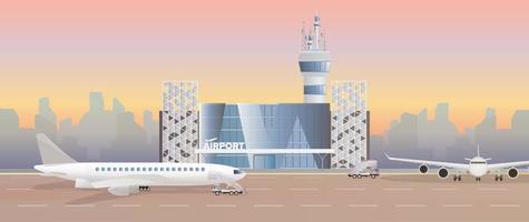 moderne luchthaven. landingsbaan. vliegtuig op de baan. luchthaven in een vlakke stijl. stad silhouet. vector illustratie