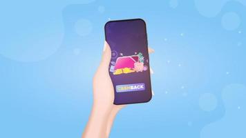 hand houdt telefoon vast met cashback-app. grote portemonnee, creditcard, gouden munten, dollars. concept van geld, cashback of rijkdom besparen. vector. vector