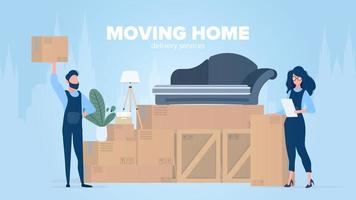bewegende huisbanner. verhuizen naar een nieuwe plek. houten kisten, kartonnen dozen, bank, kamerplant, vloerlamp. vector