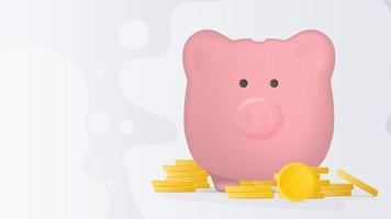 banner op het thema van financiën. roze spaarvarken in de vorm van een varken met gouden munten. spaarvarken voor geld met een berg munten. vector. vector