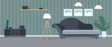 moderne kamer. woonkamer met een bank, kledingkast, lamp, schilderijen. meubilair. interieur. vector. vector