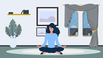 het meisje mediteert op kantoor. het meisje beoefent yoga. kamer, kantoor, vloerlamp, kamergroei, tafel met laptop, werkplek. vector illustratie