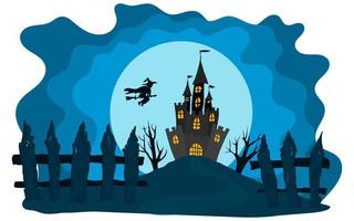 halloween kasteel op een blauwe achtergrond maan heks vector
