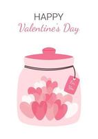 schattige pot met hartjes en note.happy Valentijnsdag. vlakke afbeelding met hartjes en pot. liefde en Valentijnsdag concept. trendy vectorillustratie voor groeten, briefkaart, card.white background vector