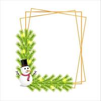 Kerstmiskader met sterlichten op een witte achtergrond. xmas frame met een schattige sneeuwpop en sneeuwvlok. kerstverlichting, kerstframe, groene dennenbladeren, sneeuwvlokken, schattige ogen, sneeuwpop, sterlichten. vector