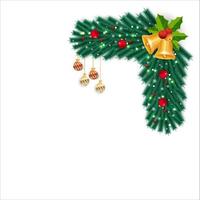 kersthoek met jingle bells en rode bessen. xmas hoek met sterlichten en dennenbladeren. kersthoek, kerstversieringsbal, hulstbessen, rode bal, sneeuwvlokken, sterrenlicht, gouden bel. vector