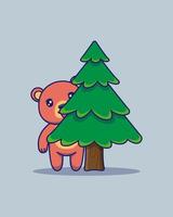 schattige beer verstopt achter een boom vector