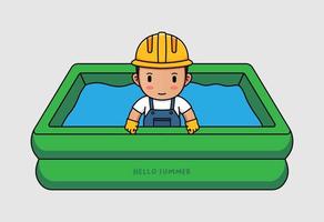 schattige werknemer zwemmen met hallo zomer groet banner vector