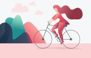 jonge vrouw die haar fiets berijdt. platte kleurrijke stijl cartoon karakter vectorillustratie.