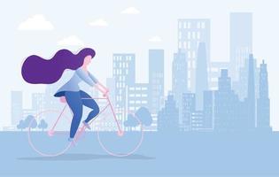 jonge vrouw die haar fiets berijdt in de stad met een prachtig stadsbeeld. vlakke stijl vector karakter illustratie met stadsgezicht, landschap.