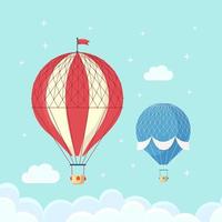 set vintage retro hete luchtballon met mand in de lucht geïsoleerd op de achtergrond. vector cartoon ontwerp