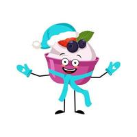 cake of yoghurt santa karakter met vrolijke emotie, vrolijk gezicht, glimlach ogen, armen en benen met sjaal en wanten. zoete voedselpersoon met uitdrukking voor Kerstmis en Nieuwjaar vector