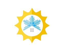 stralende zon met sneeuwbloem en eenvoudig huis vector