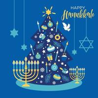 kerstmis en hanukkah vakantiebannerontwerp met kerstboom. winter hanukkah illustratie met kaarsen. vector