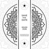 bewaar het datumuitnodigingskaartontwerp in henna-tatoeagestijl. decoratieve mandala om af te drukken, poster, omslag, brochure, flyer, banner vector