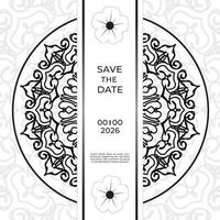 bewaar het datumuitnodigingskaartontwerp in henna-tatoeagestijl. decoratieve mandala om af te drukken, poster, omslag, brochure, flyer, banner vector