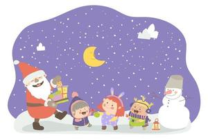 de kerstman draagt cadeautjes. vrolijke meisjes en een sneeuwpop die kerstliedjes zingt. vectorillustratie in cartoon-stijl. handtekening. isoleren. voor print, webdesign. vector