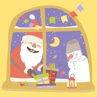 jolly ded moroz en de sneeuwpop geven nieuwjaarscadeautjes. nieuwjaarscadeautjes van de kerstman die op het raam staat. vectorillustratie in cartoon-stijl. handtekening. voor print, webdesign. vector