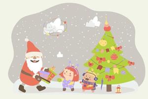 de kerstman draagt cadeautjes. vrolijke meisjes versieren de kerstboom en zingen kerstliedjes. vectorillustratie in cartoon-stijl. handtekening. isoleren. voor print, webdesign. vector