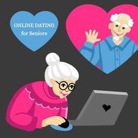 online daten voor senioren. opa belt oma via een laptop. ouderen feliciteren elkaar met valentijnsdag vector