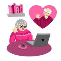 oude mensen ontmoetten elkaar op een datingsite op valentijnsdag. gepensioneerden corresponderen en bellen via een conference call. vector