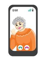 oma belt haar kleinkinderen op haar smartphone en zwaait naar hen. videogesprek via de app in gadgets