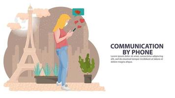 illustratie in de stijl van plat ontwerp een meisje met een masker op de achtergrond van een stad en een toren naast planten communiceert in een mobiele telefoon vector