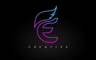 neon e letter logo pictogramontwerp met creatieve vleugel in blauwpaarse magenta kleuren vector